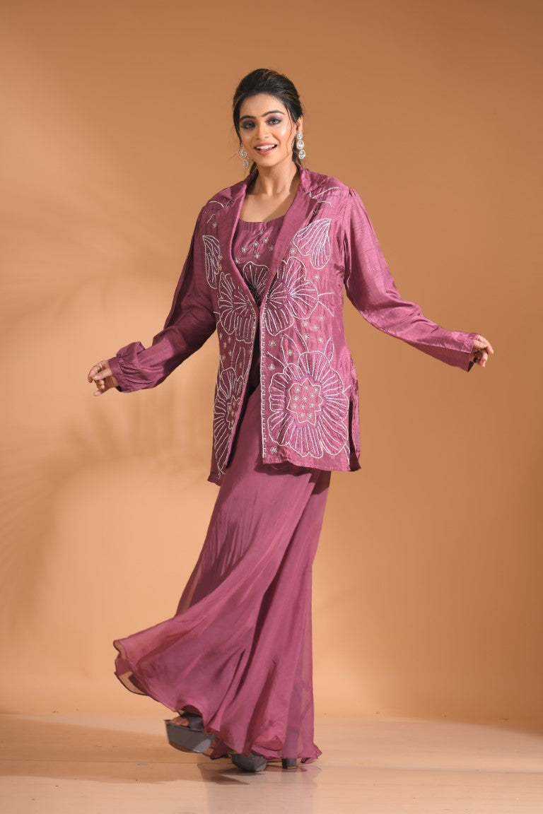 Morchari 3Pc Palazzo Set With Hand Embroidery - Purple - Distacart
