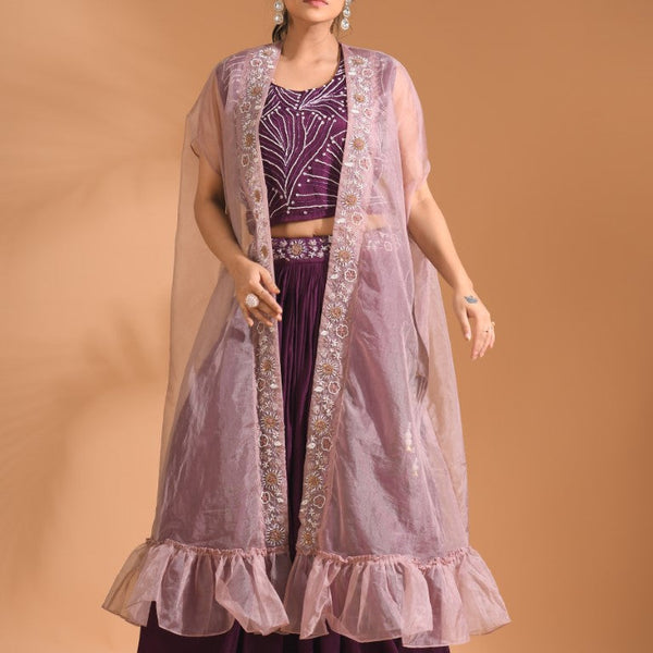 Morchari Co Ord Set With Long Jacket Hand Embroidery - Blue - Distacart