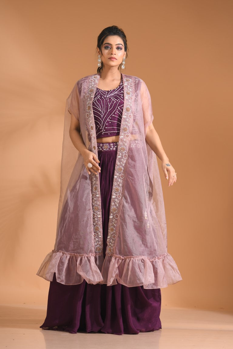 Morchari Co Ord Set With Long Jacket Hand Embroidery - Blue - Distacart
