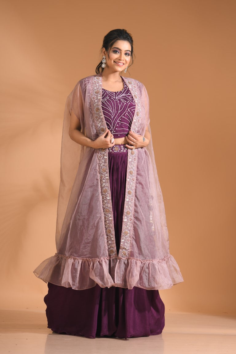 Morchari Co Ord Set With Long Jacket Hand Embroidery - Blue - Distacart