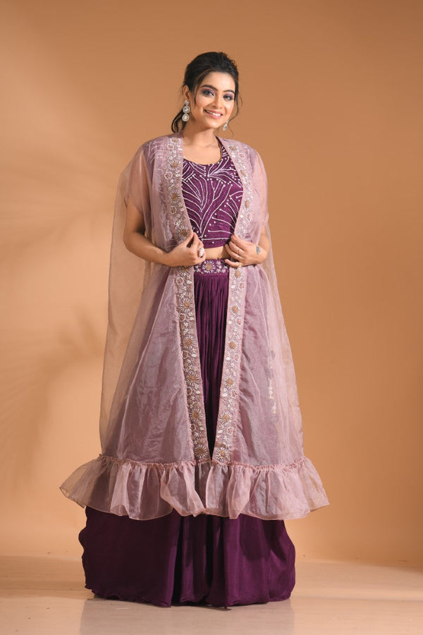 Morchari Co Ord Set With Long Jacket Hand Embroidery - Blue
