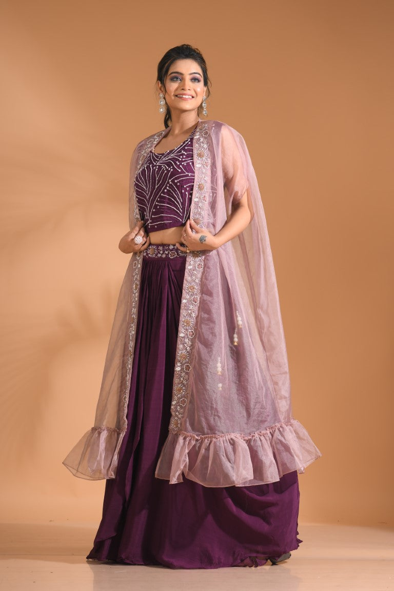 Morchari Co Ord Set With Long Jacket Hand Embroidery - Blue