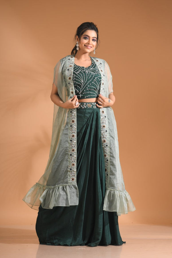Morchari Co Ord Set With Long Jacket Hand Embroidery - Green