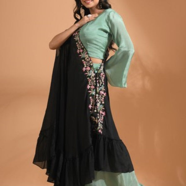 Morchari Crop Top With Dupatta Hand Embroidery - Green - Distacart