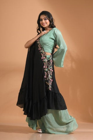 Morchari Crop Top With Dupatta Hand Embroidery - Green