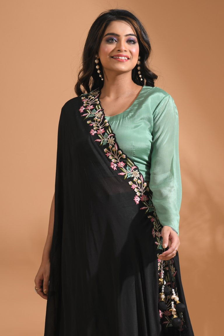 Morchari Crop Top With Dupatta Hand Embroidery - Green