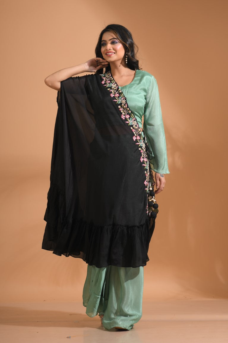 Morchari Crop Top With Dupatta Hand Embroidery - Green