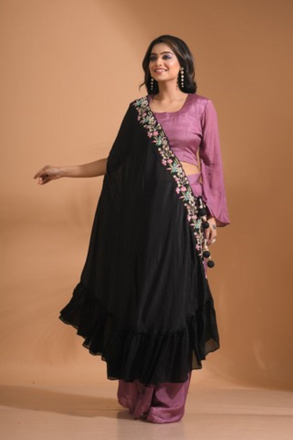 Morchari Crop Top With Dupatta Hand Embroidery - Green