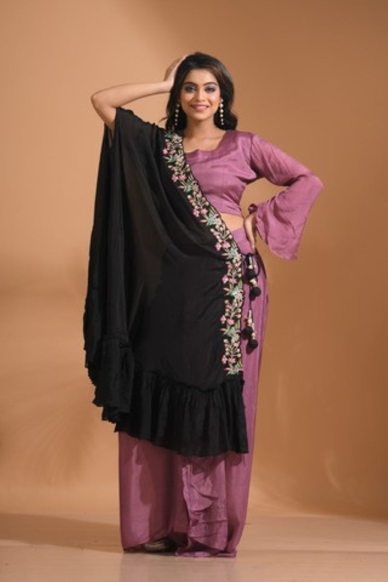 Morchari Crop Top With Dupatta Hand Embroidery - Green