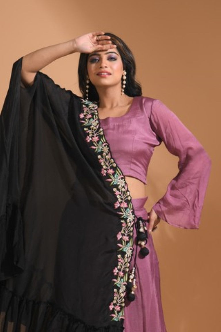 Morchari Crop Top With Dupatta Hand Embroidery - Green