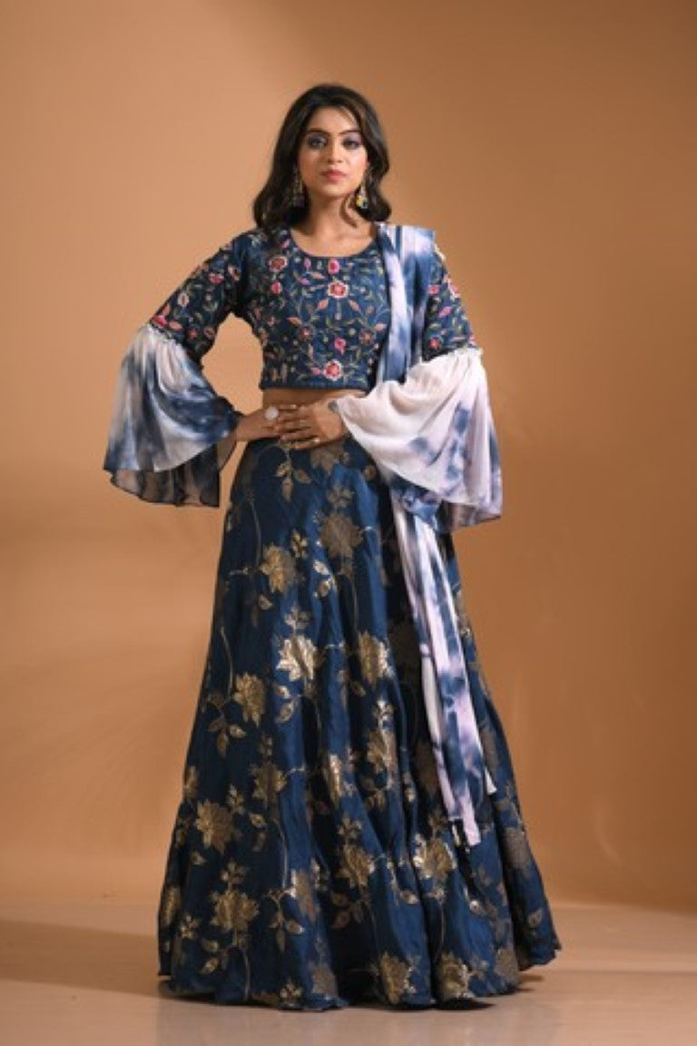 Morchari Crop Top With Tie & Dye Dupatta Hand Embroidery - Blue - Distacart