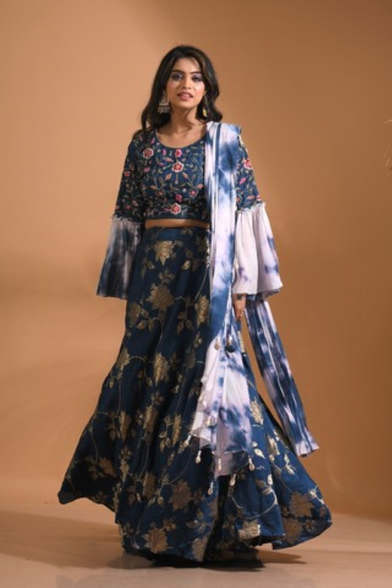 Morchari Crop Top With Tie & Dye Dupatta Hand Embroidery - Blue - Distacart