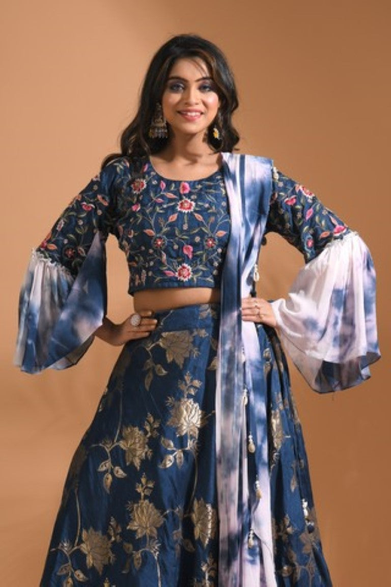 Morchari Crop Top With Tie & Dye Dupatta Hand Embroidery - Blue - Distacart