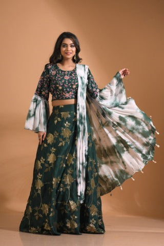 Morchari Crop Top With Tie & Dye Dupatta Hand Embroidery - Green
