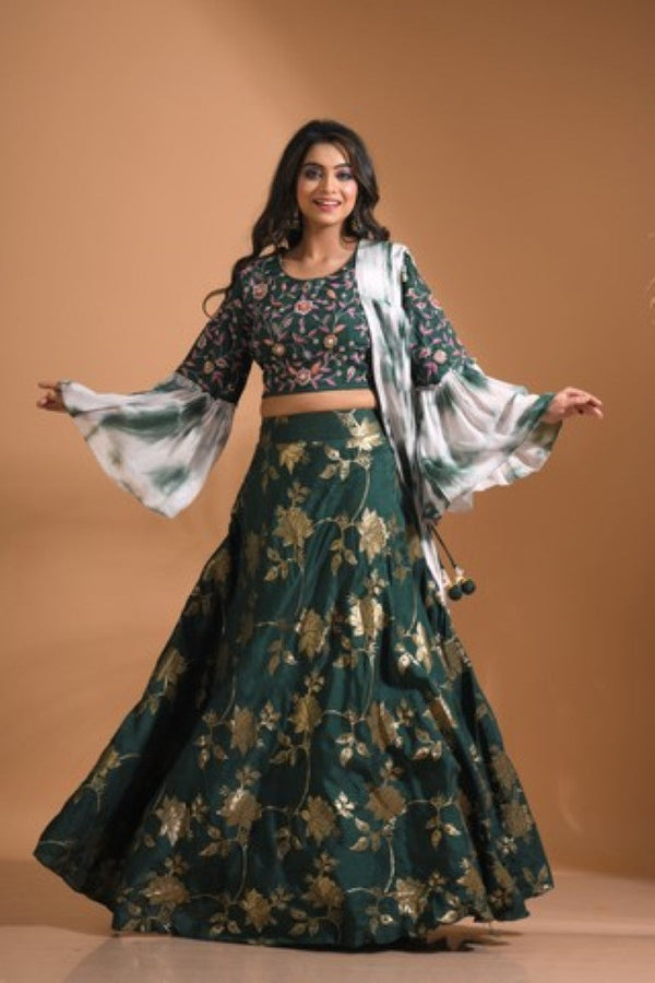 Morchari Crop Top With Tie & Dye Dupatta Hand Embroidery - Green