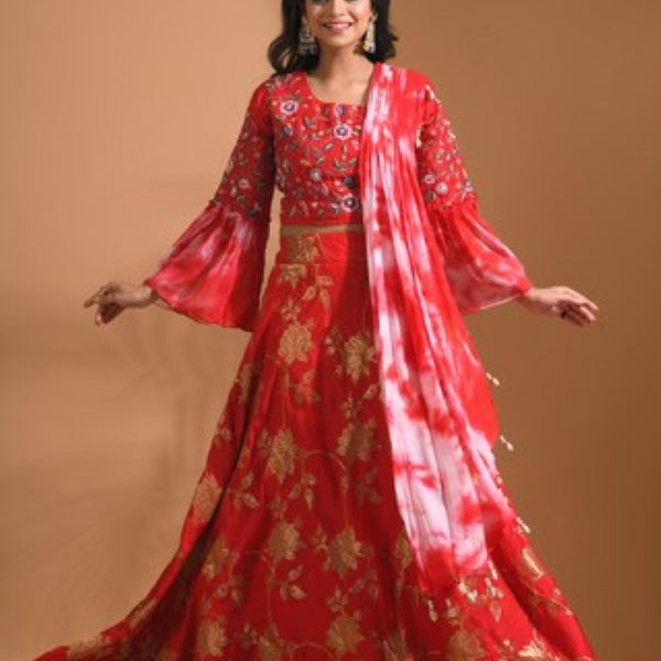 Morchari Crop Top With Tie & Dye Dupatta Hand Embroidery - Red - Distacart