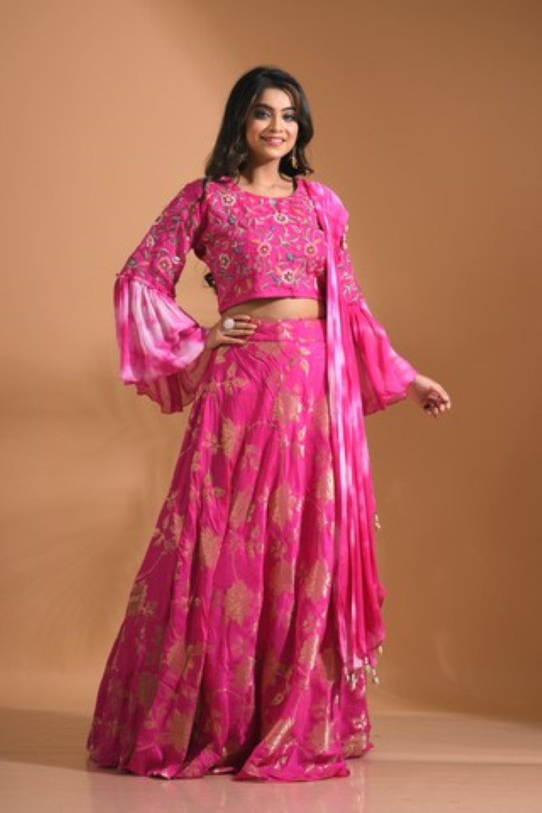 Morchari Crop Top With Tie & Dye Dupatta Hand Embroidery - Pink - Distacart