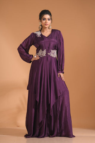 Morchari Long Gown With Hand Embroidery - Wine - Distacart