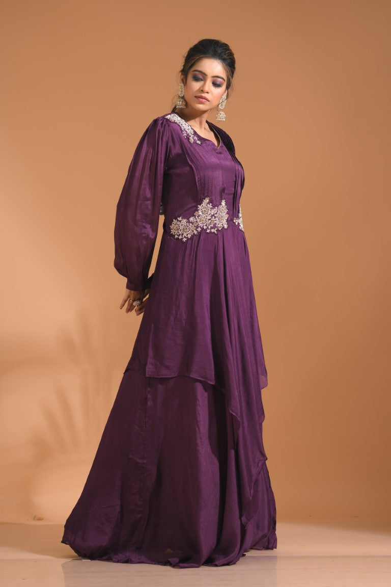 Morchari Long Gown With Hand Embroidery - Wine - Distacart