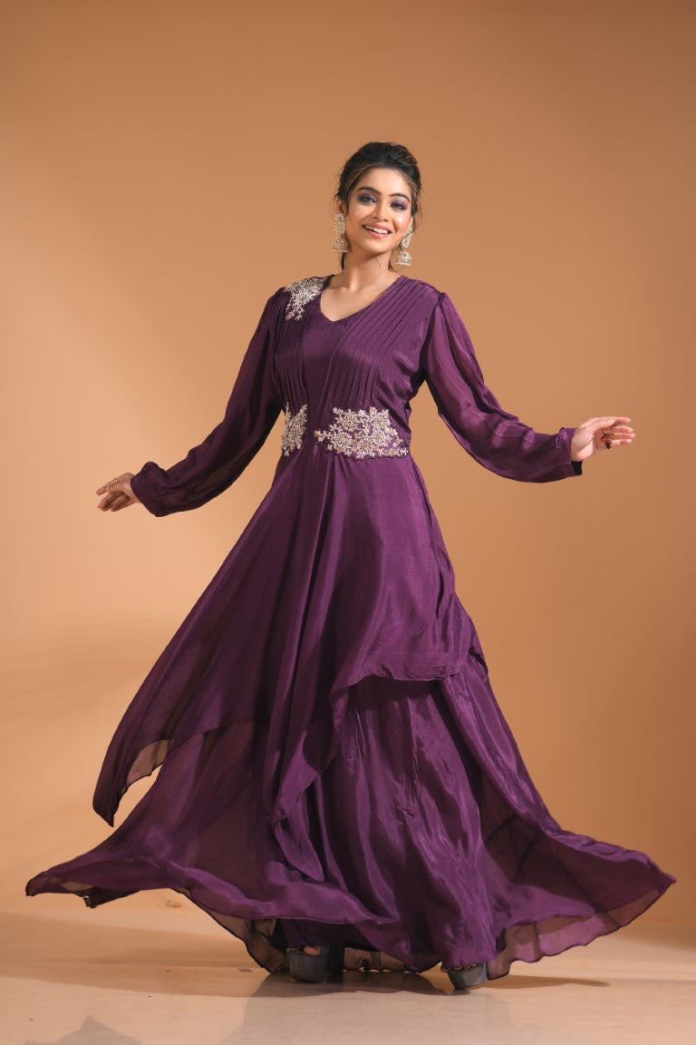 Morchari Long Gown With Hand Embroidery - Wine