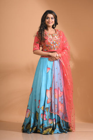 Morchari Crop Top With Net Dupatta - Multicolour