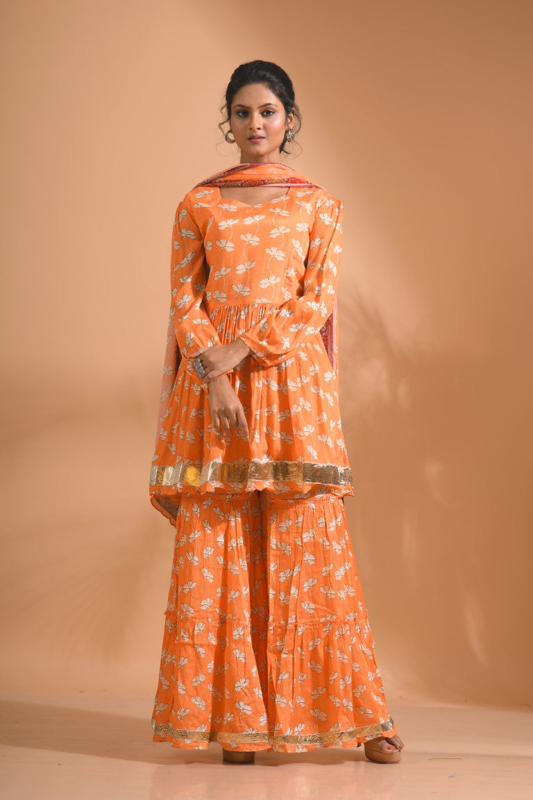 Morchari Sharara Top Set With Dupatta - Orange - Distacart