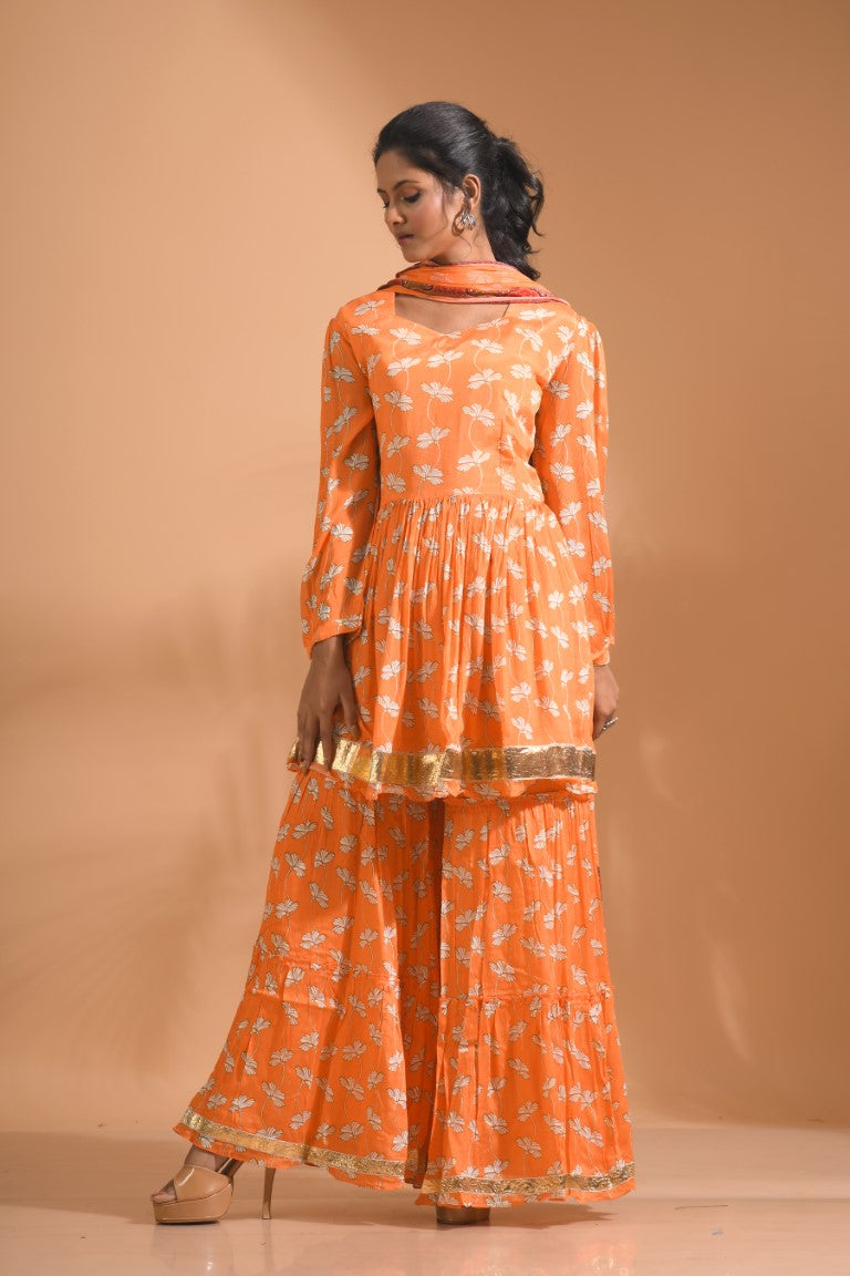 Morchari Sharara Top Set With Dupatta - Orange - Distacart