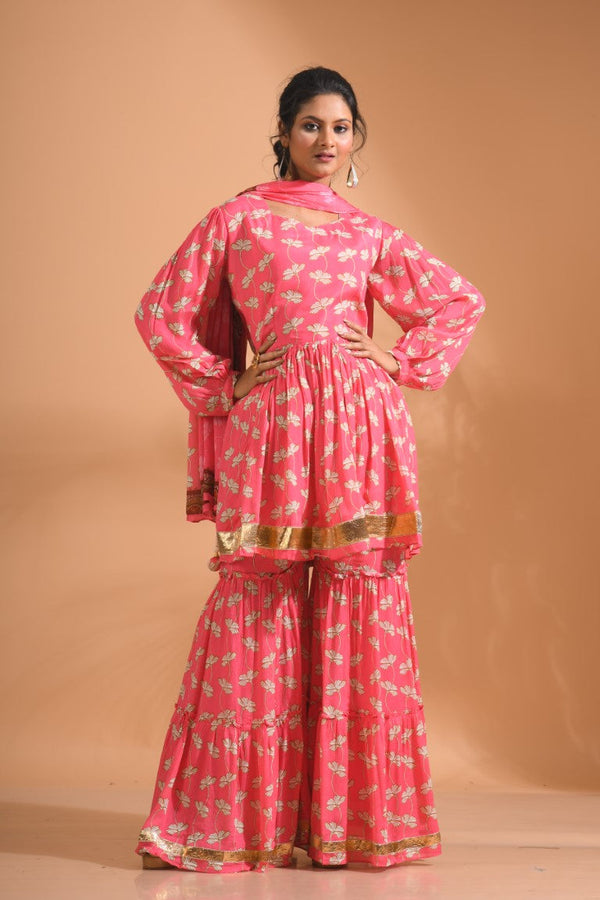 Morchari Sharara Top Set With Dupatta - Red - Distacart