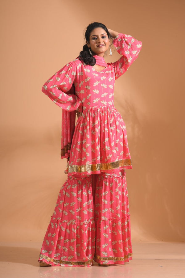Morchari Sharara Top Set With Dupatta - Red - Distacart