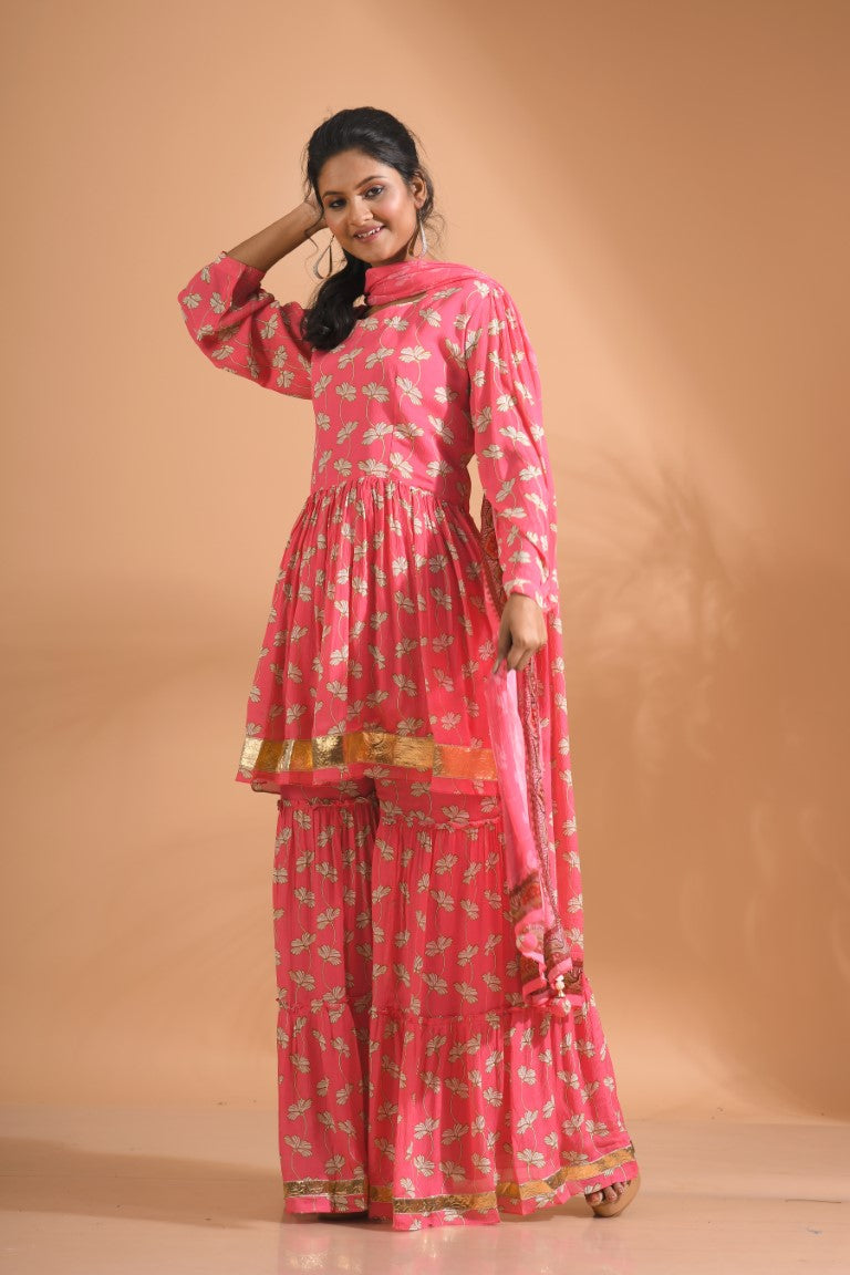 Morchari Sharara Top Set With Dupatta - Red - Distacart