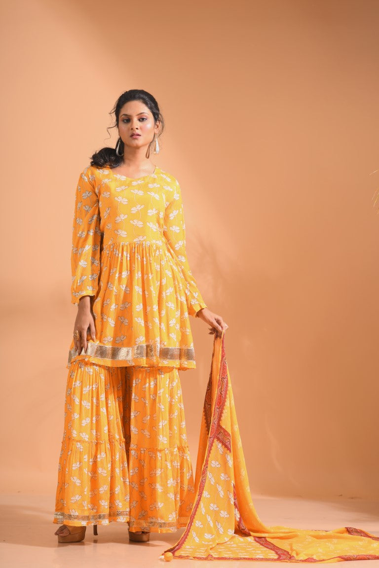 Morchari Sharara Top Set With Dupatta - Yellow - Distacart