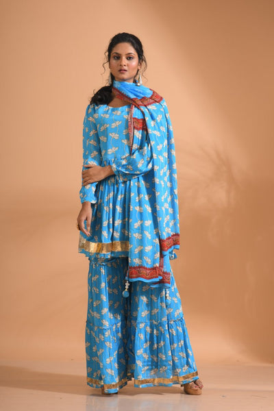 Morchari Sharara Top Set With Dupatta - Blue - Distacart