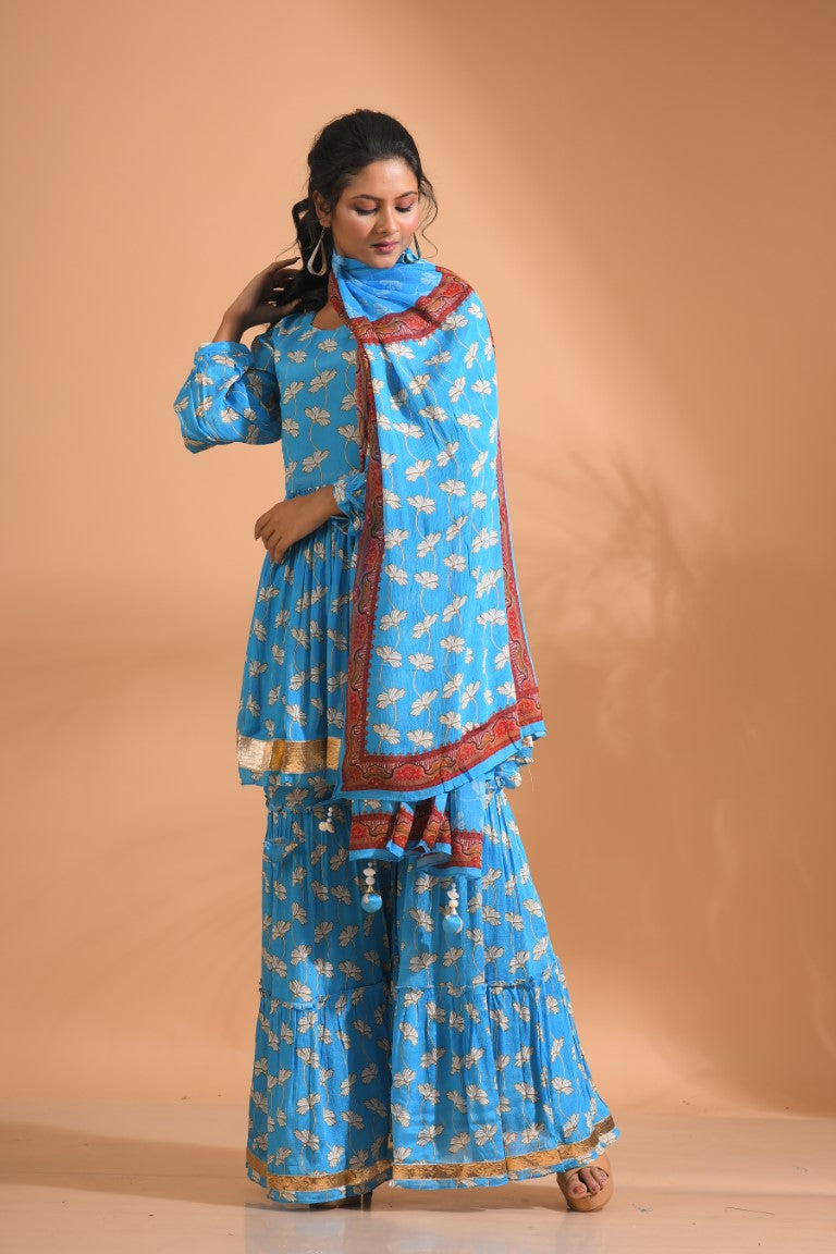 Morchari Sharara Top Set With Dupatta - Blue - Distacart