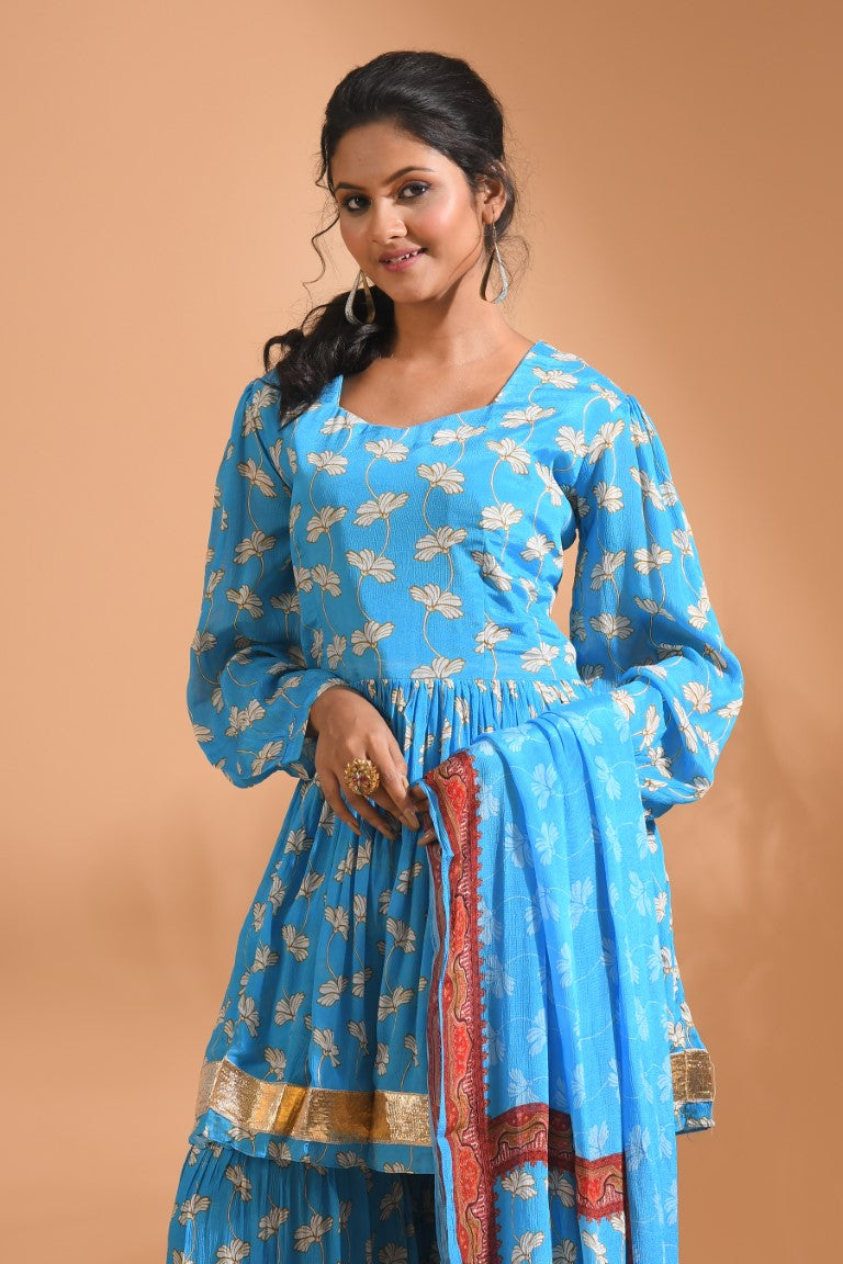 Morchari Sharara Top Set With Dupatta - Blue - Distacart