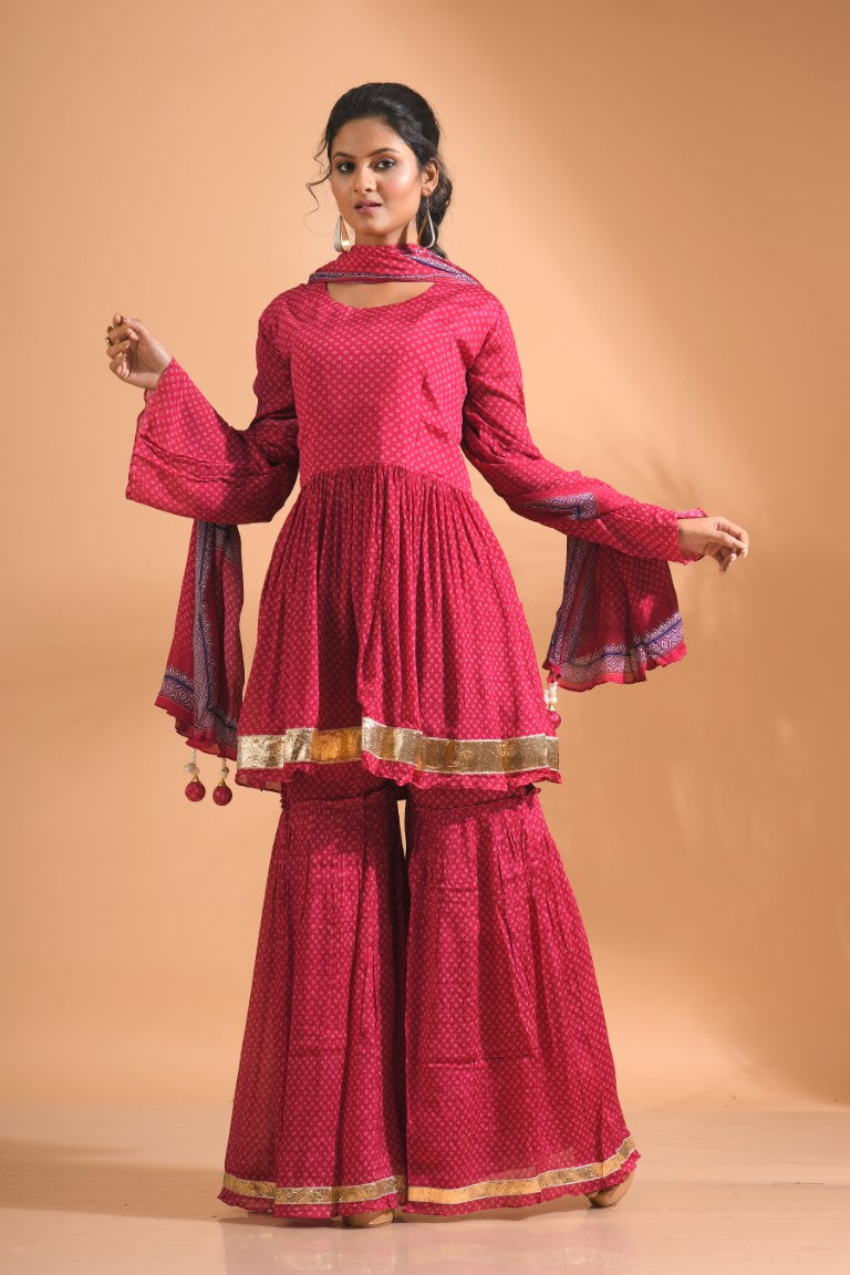 Morchari Sharara Top Set With Dupatta - Pink - Distacart
