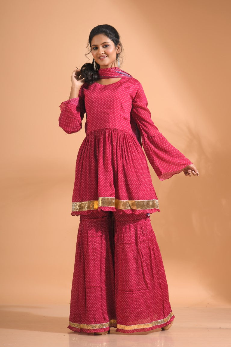 Morchari Sharara Top Set With Dupatta - Pink - Distacart