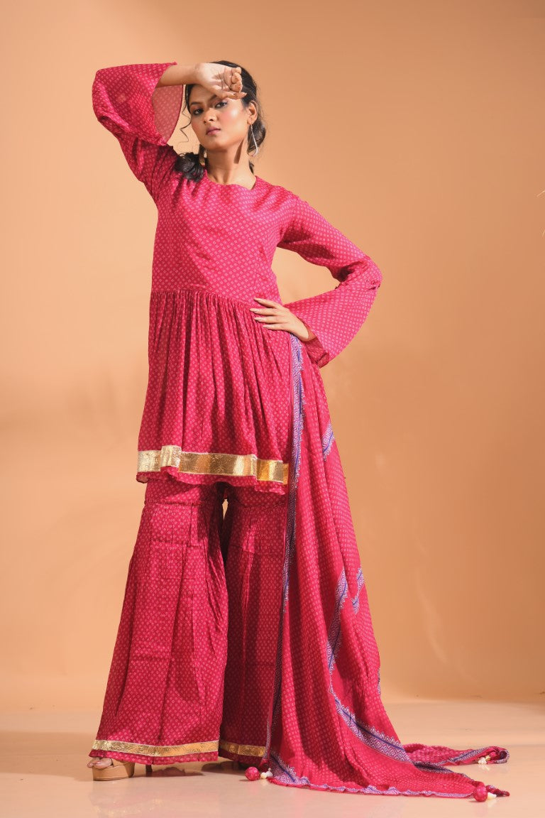 Morchari Sharara Top Set With Dupatta - Pink - Distacart