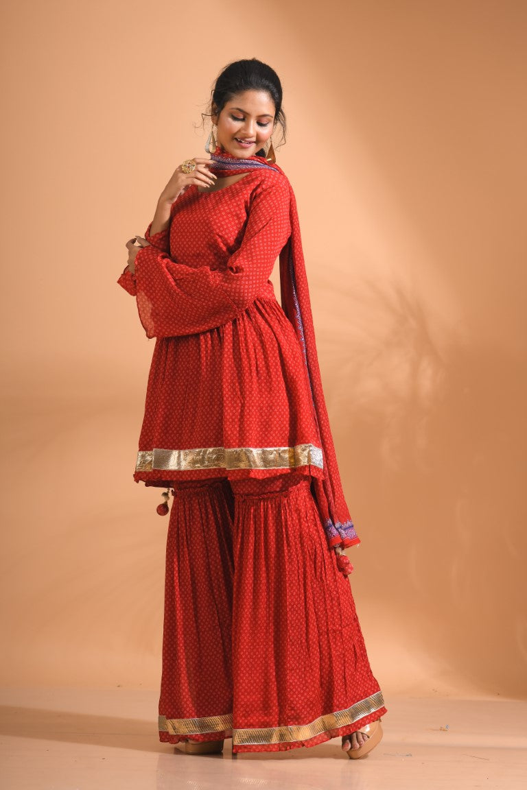 Morchari Sharara Top Set With Dupatta - Red - Distacart