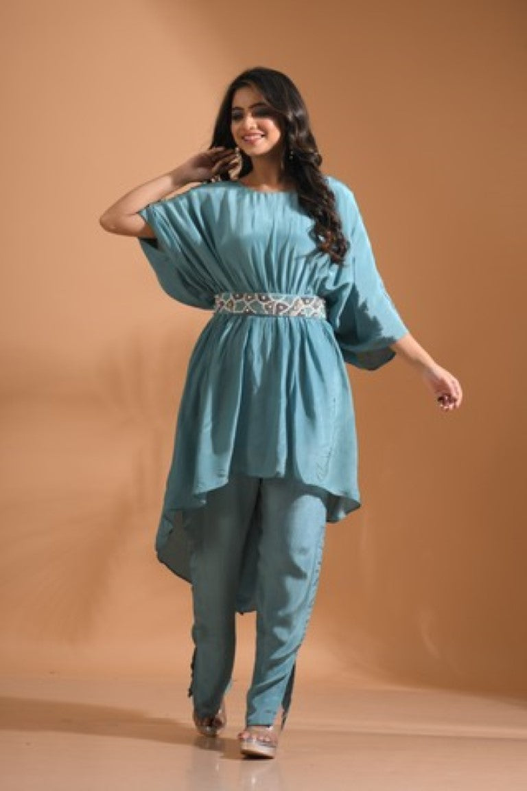 Morchari Kaftan Set With Pant - Sky Blue - Distacart