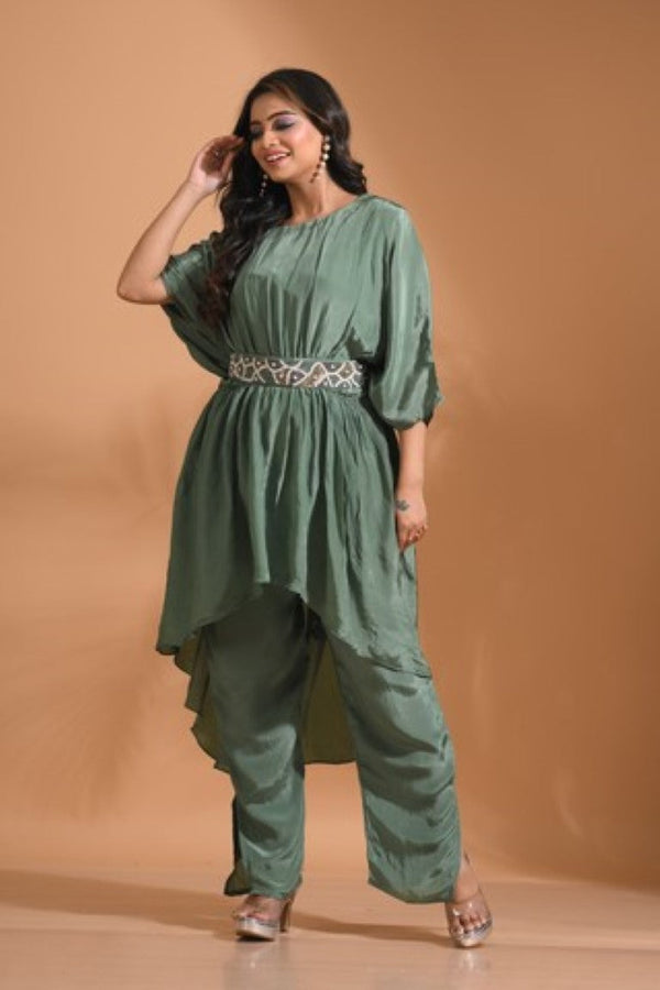 Morchari Kaftan Set With Pant - Green