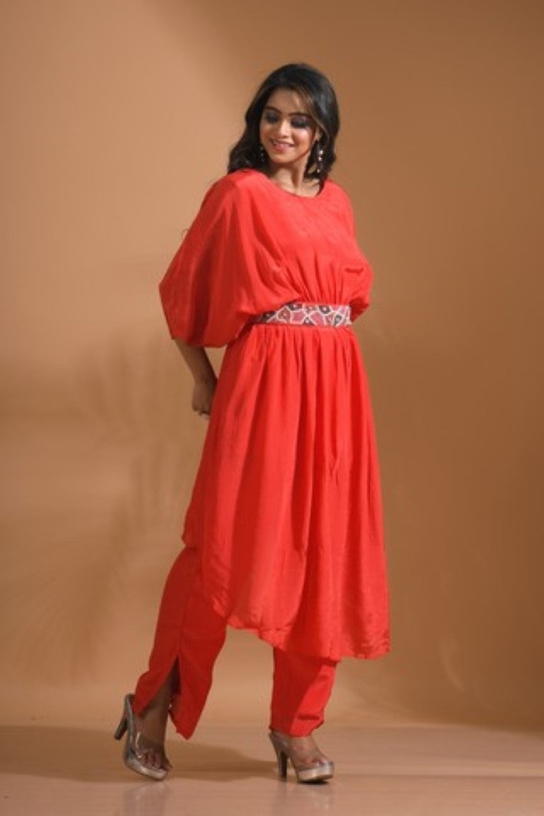 Morchari Kaftan Set With Pant - Red