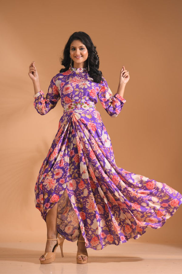 Morchari Long Gown With Hand Embroidery - Purple - Distacart