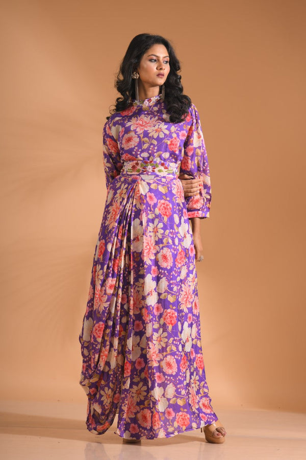 Morchari Long Gown With Hand Embroidery - Purple - Distacart