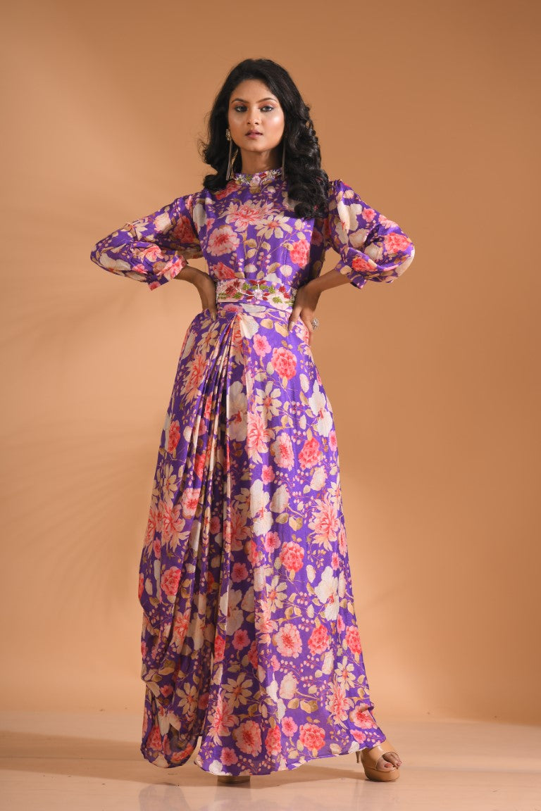 Morchari Long Gown With Hand Embroidery - Purple - Distacart