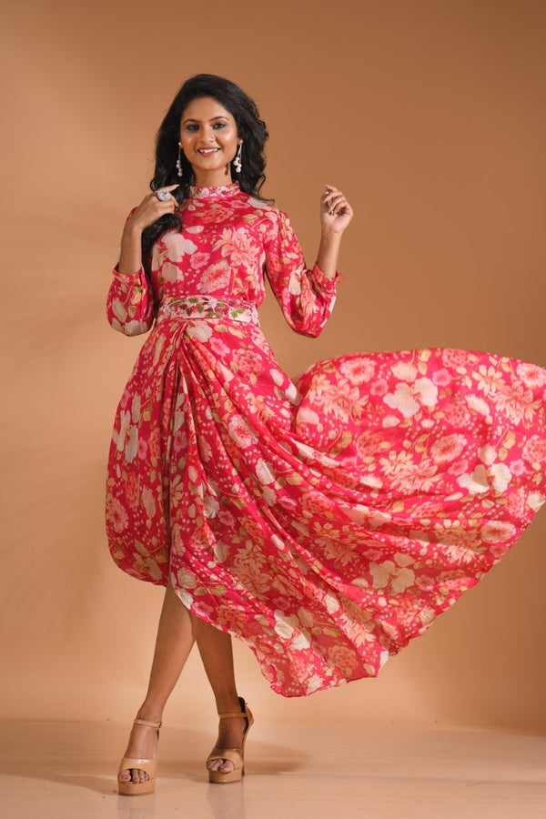 Morchari Long Gown With Hand Embroidery - Red - Distacart