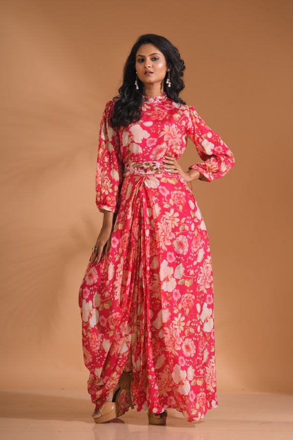 Morchari Long Gown With Hand Embroidery - Red - Distacart