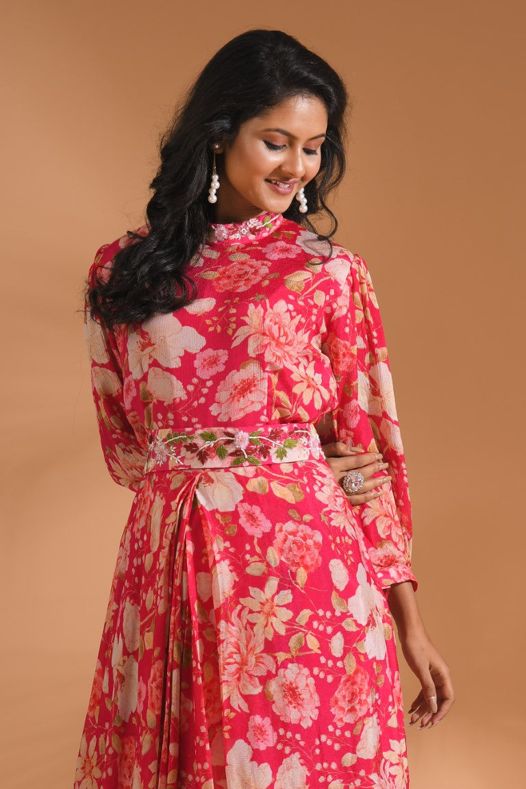 Morchari Long Gown With Hand Embroidery - Red - Distacart