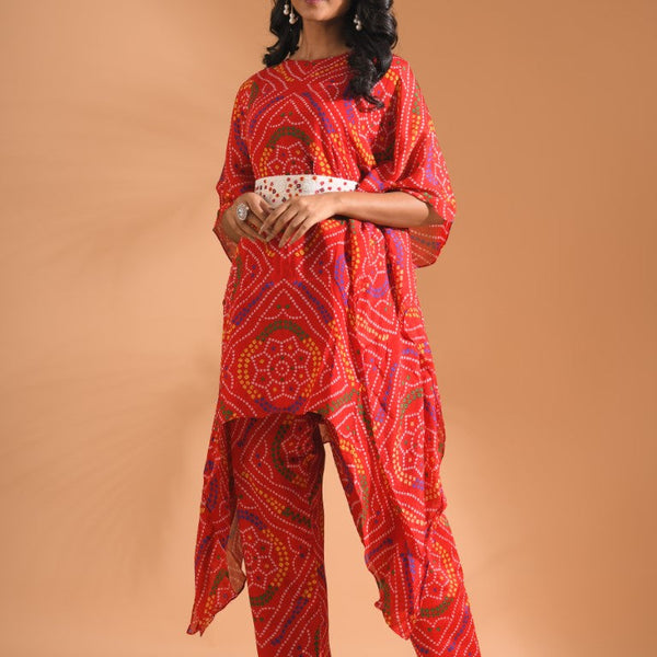 Morchari Kaftan Set With Embroidery - Red - Distacart