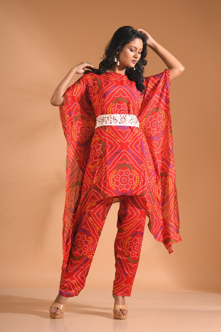Morchari Kaftan Set With Embroidery - Red - Distacart
