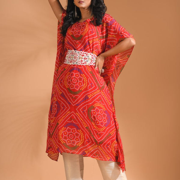 Morchari Bandhani Kaftan And Golden Pant With Hand Embroidery - Red - Distacart